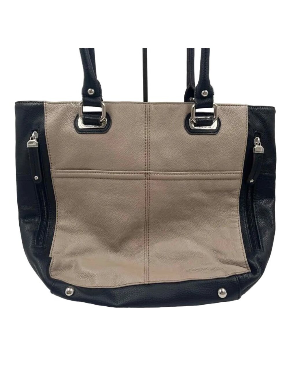 TIGNANELLO Taupe & Black Pebble Leather Handled Tote Bag Purse
